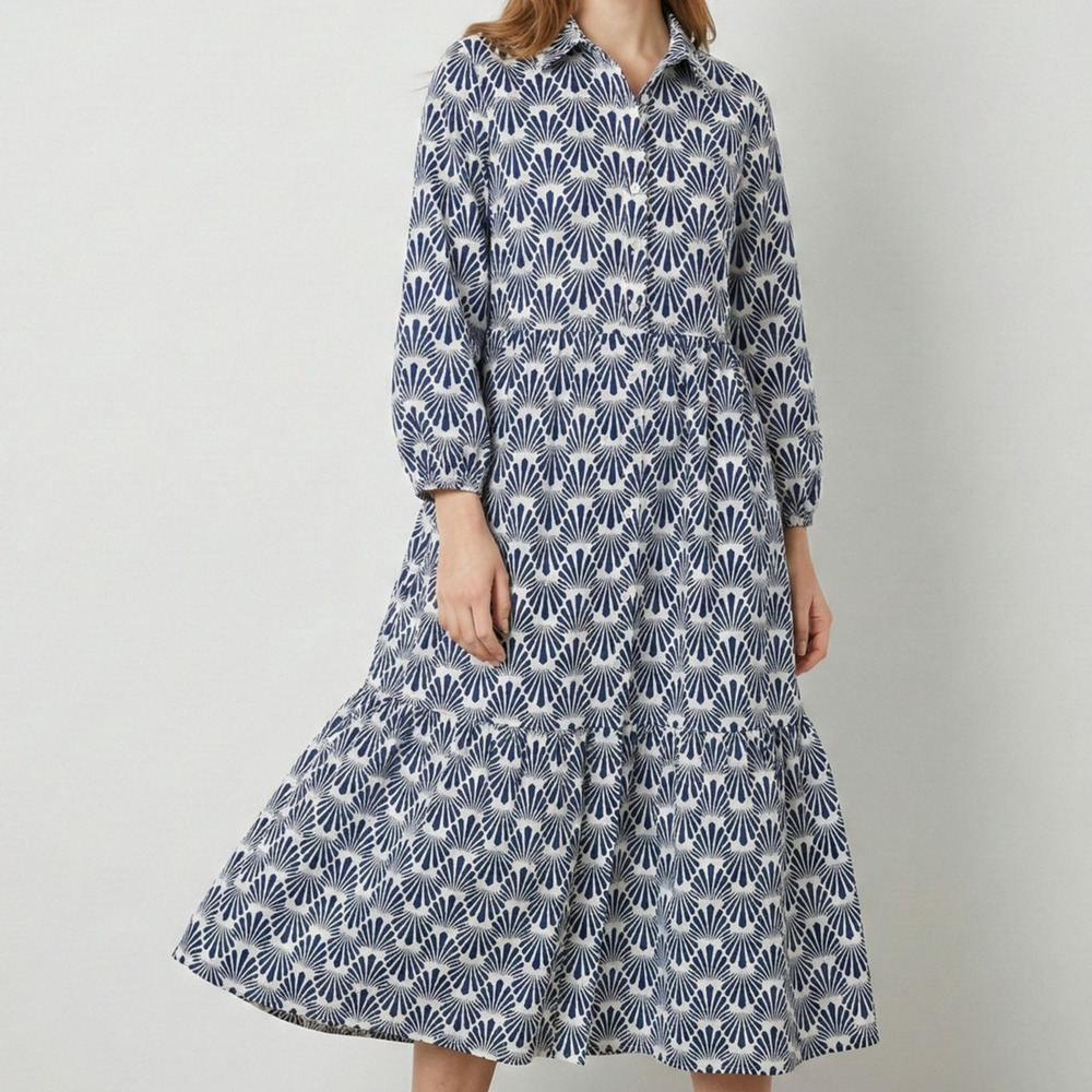 Tahari Arthur S. Levine Large Midi Dress Blue Cream White Pattern Pockets